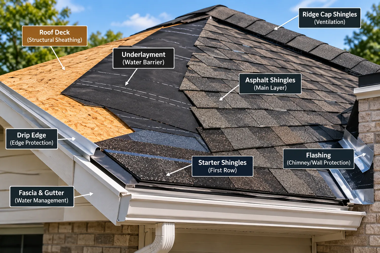 Complete asphalt shingle roof system with deck underlayment flashing starter shingles and ridge cap