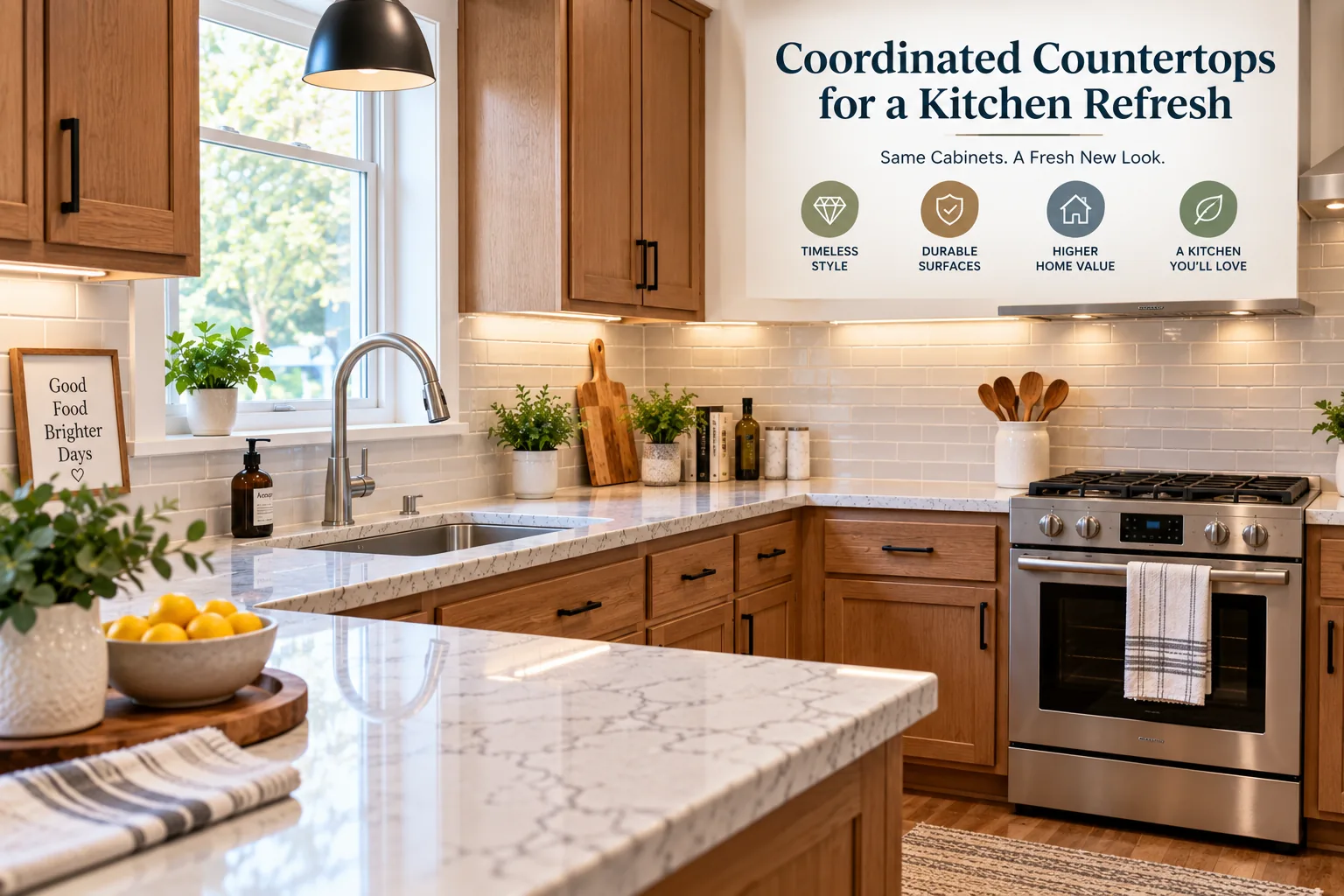 Coordinated kitchen countertop replacement with backsplash and existing cabinetry