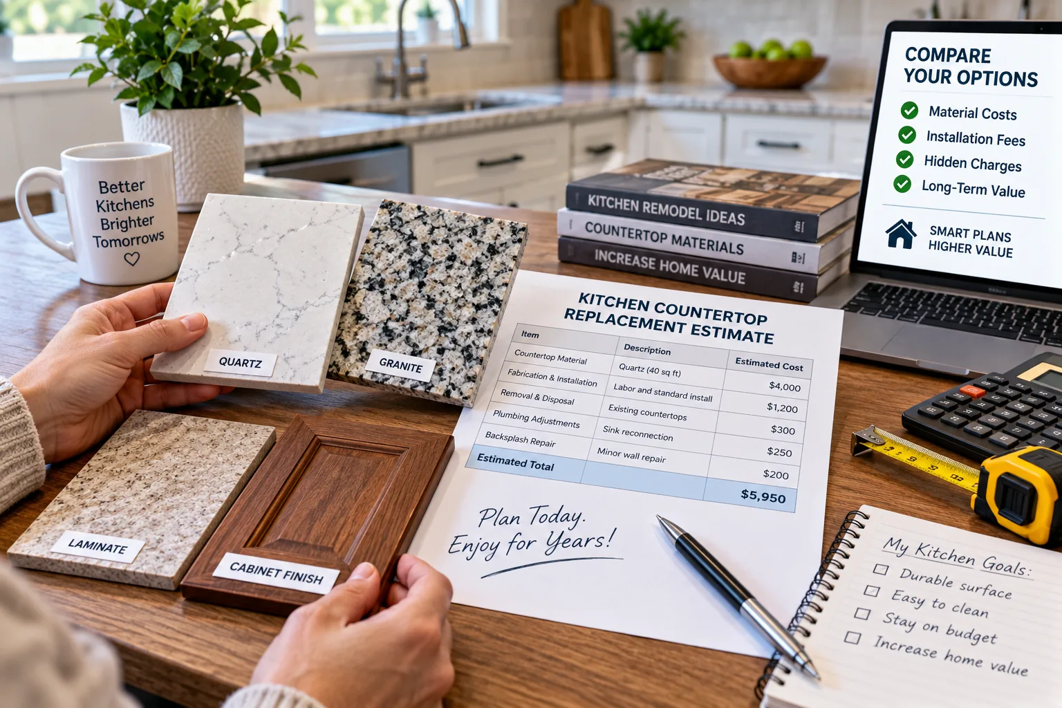 Kitchen countertop replacement cost comparison with samples and an itemized estimate