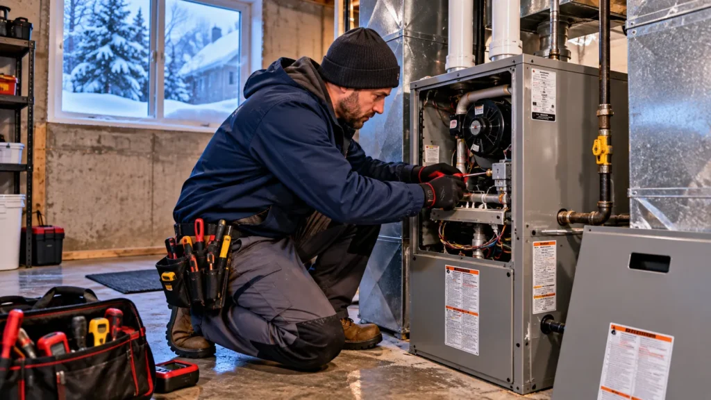Emergency furnace repair services technician servicing a furnace during a winter no-heat emergency