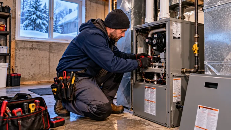 Emergency furnace repair services technician servicing a furnace during a winter no-heat emergency