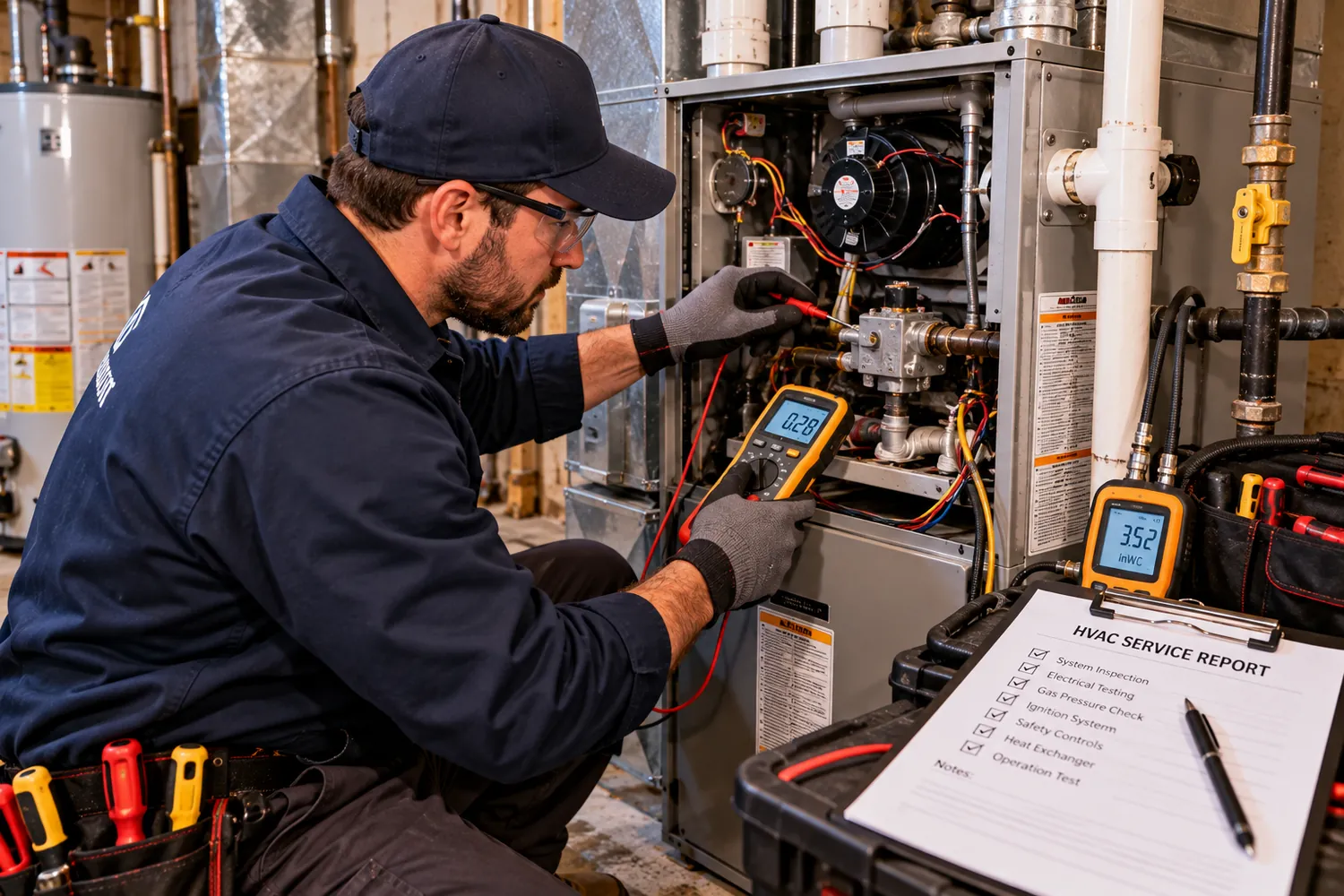 Emergency furnace repair services technician testing furnace electrical and combustion components
