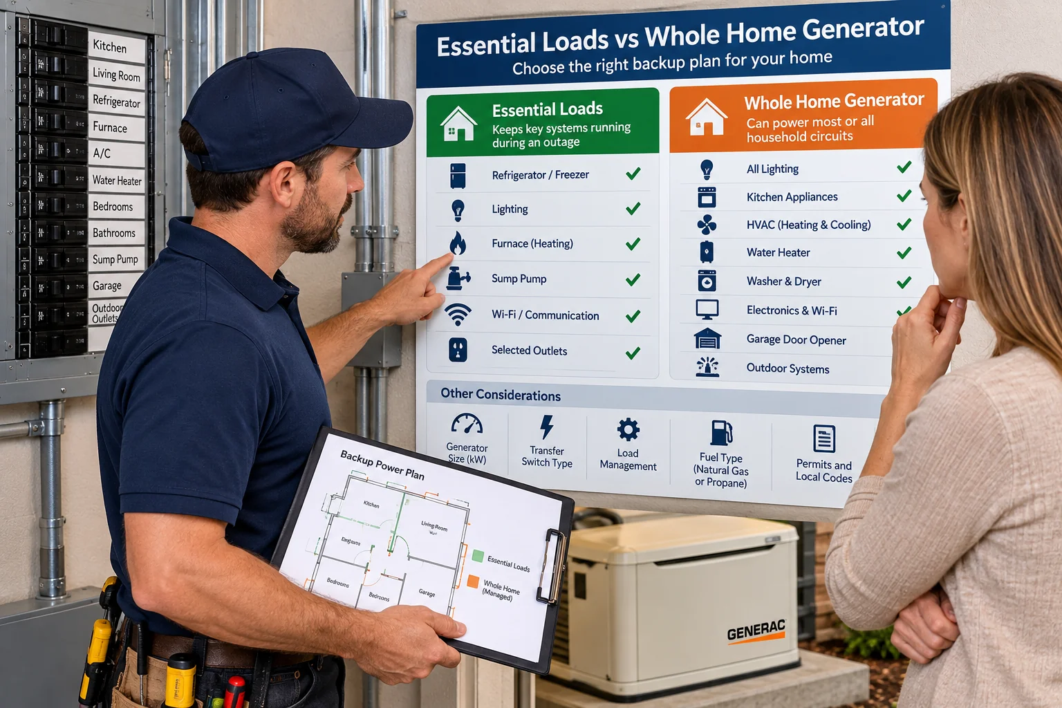 Electrician reviewing a home backup-load plan with a homeowner
