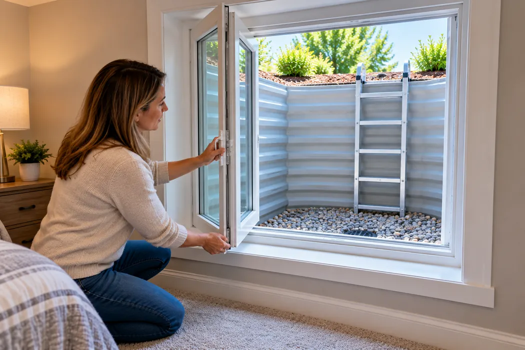 Illustration of a homeowner opening a basement egress window beside a well and ladder