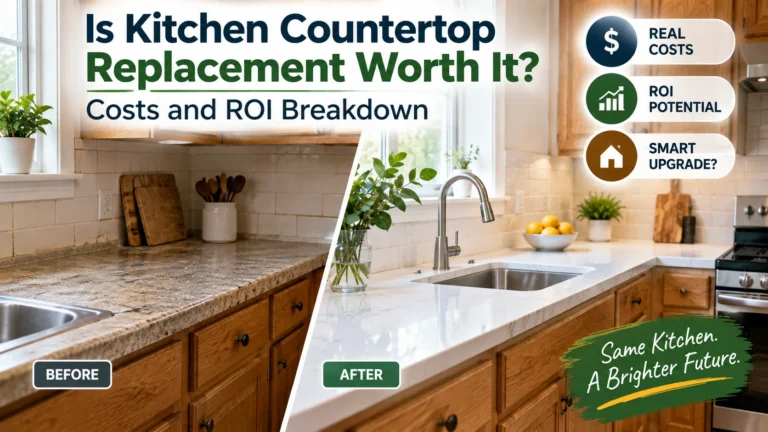 Kitchen countertop replacement cost and ROI guide with updated countertops and existing cabinets