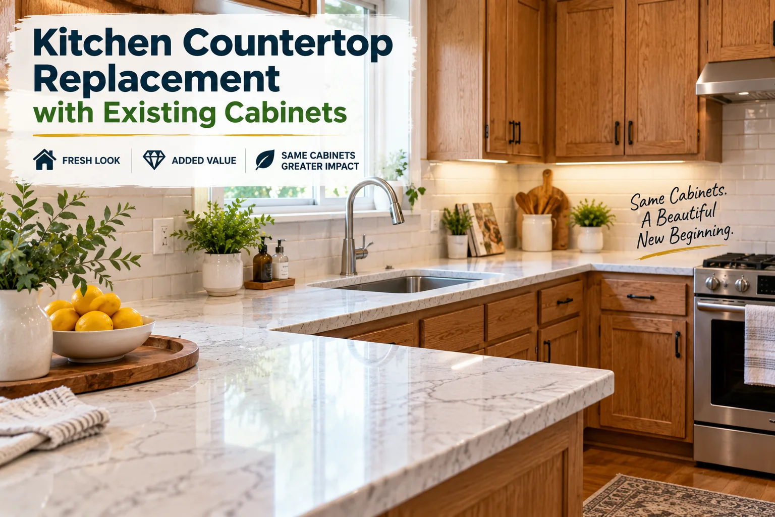 Kitchen countertop replacement cost project with updated countertops and existing wood cabinets