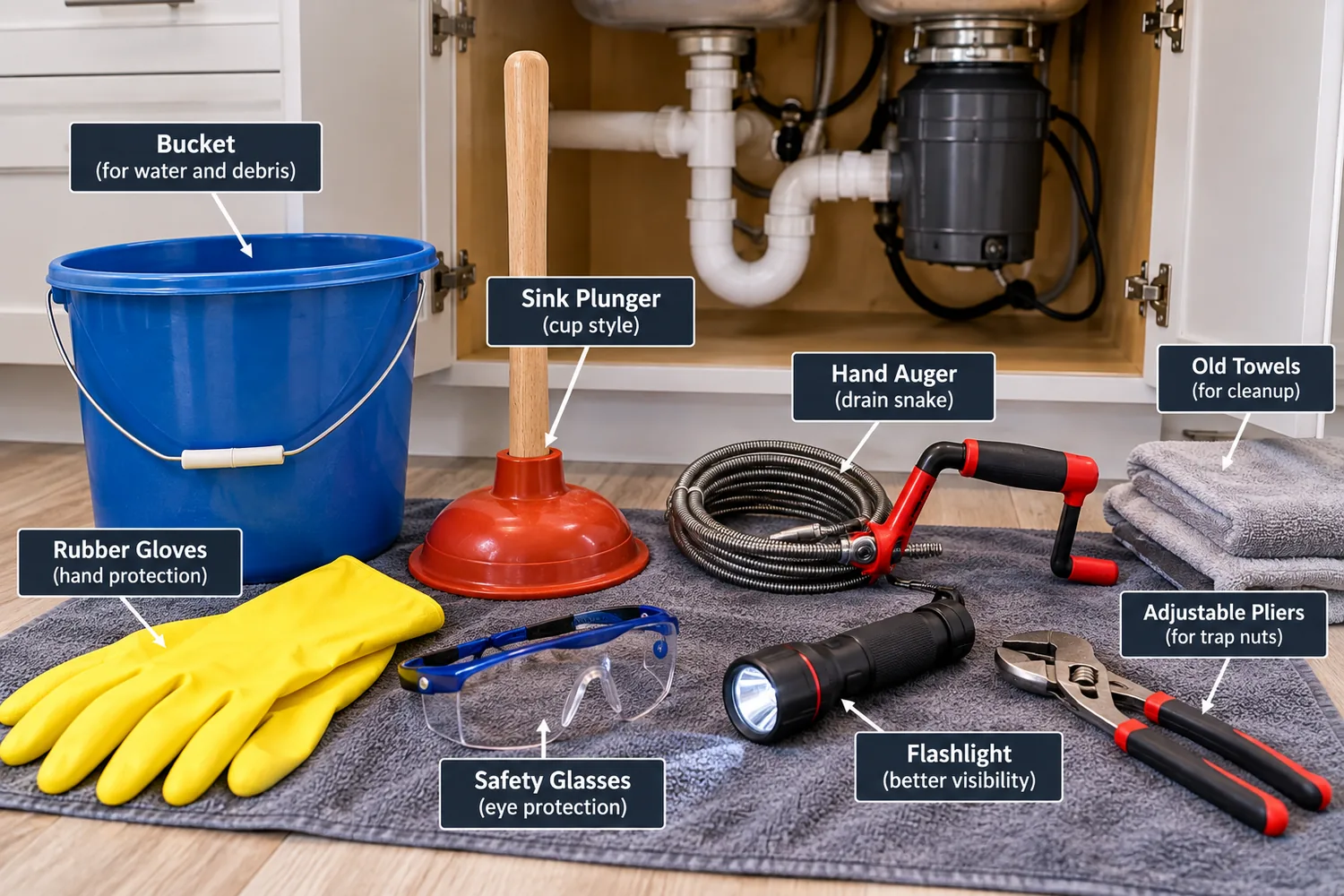Tools to unclog a kitchen drain without harsh chemicals: bucket, sink plunger, hand auger, gloves and safety glasses