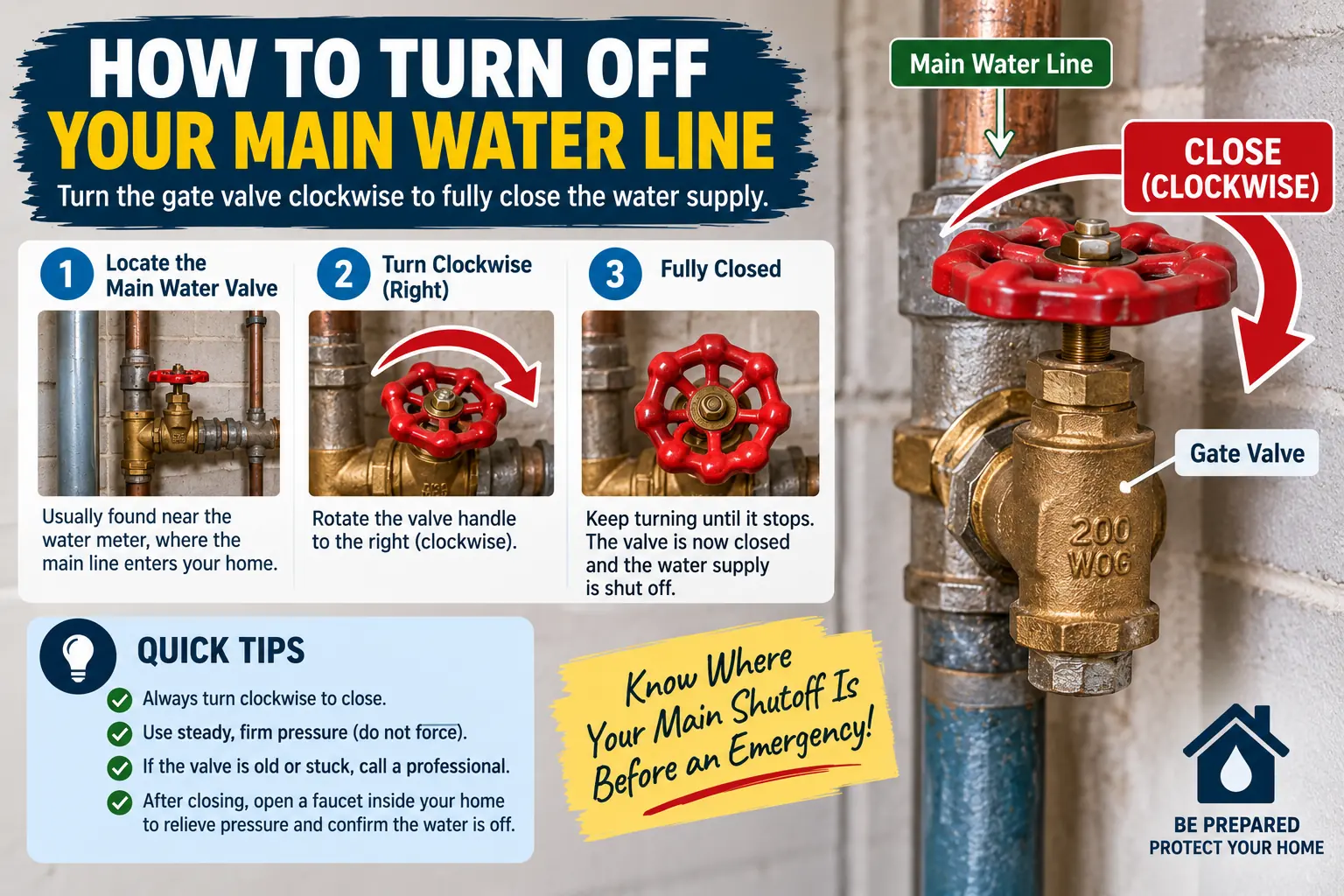 Main water shutoff valve used before emergency plumbing services near me arrive