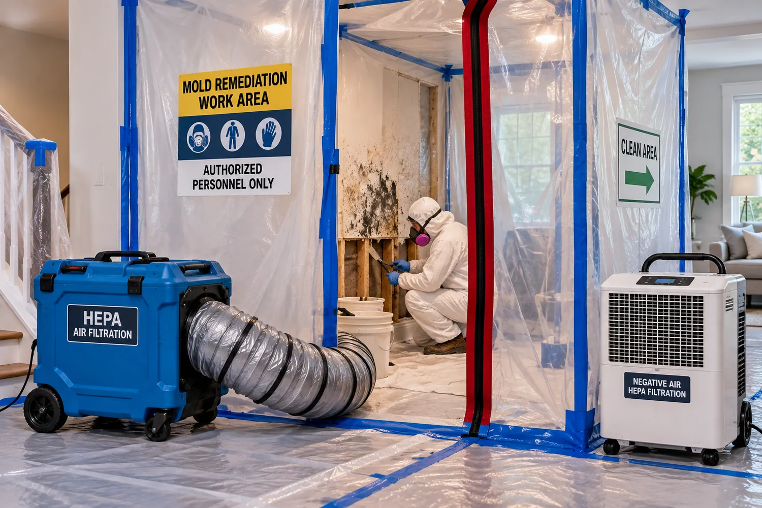 Mold remediation cost per square foot factors include containment and HEPA air filtration during professional mold removal