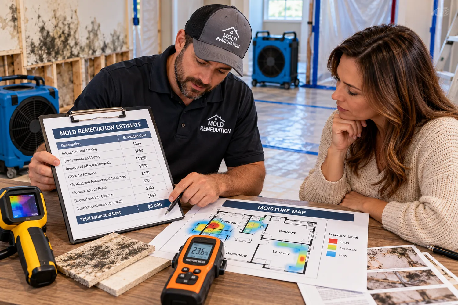 Homeowner reviewing mold remediation cost per square foot estimate and moisture map with a contractor