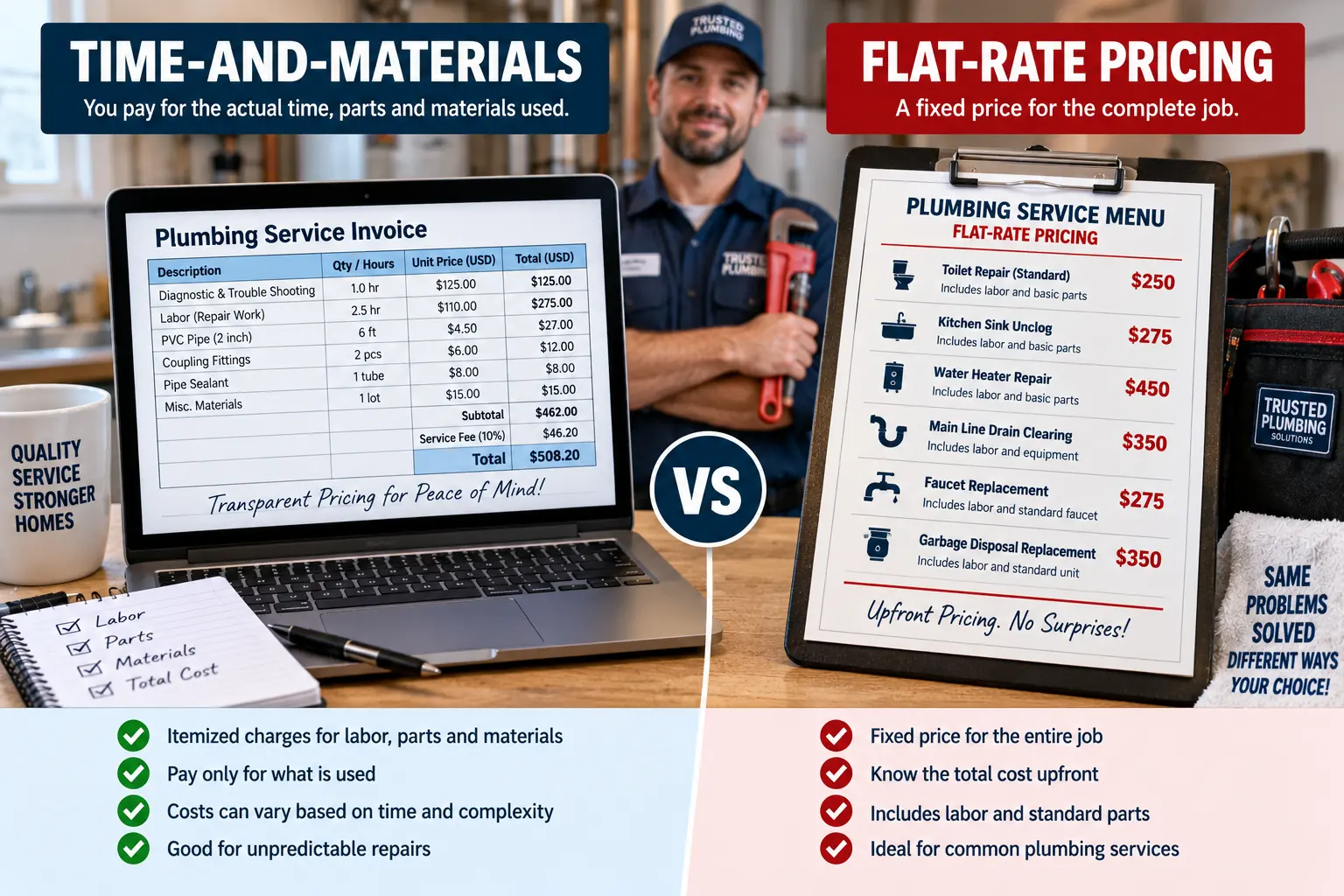 Emergency plumbing services near me pricing comparison between flat-rate and time-and-materials billing