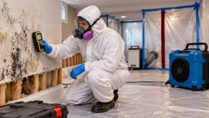 Mold remediation contractor inspecting a damp wall with protective equipment