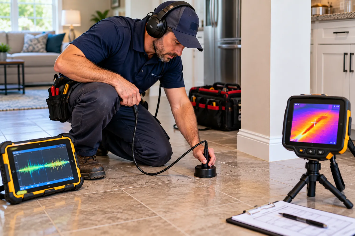 Professional slab leak detection technician checking a concrete floor using acoustic and thermal equipment