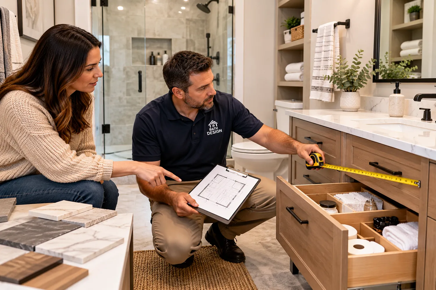 First consultation with a bath designer reviewing vanity clearance and bathroom storage with a homeowner