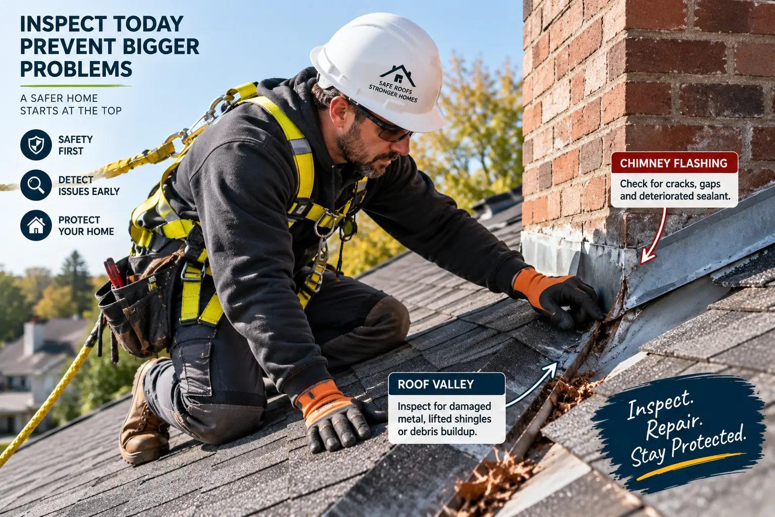 Roofing technician inspecting chimney flashing and roof valley for hidden roof leak damage