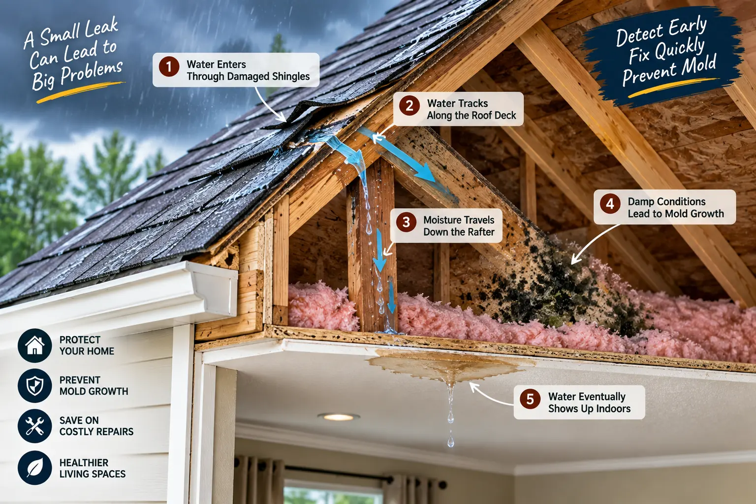 Detect and fix roof leaks by tracing water through damaged shingles, roof decking, rafters, insulation, and mold growth