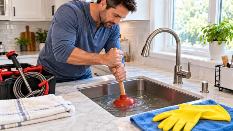Homeowner using a sink plunger to unclog a kitchen drain without harsh chemicals