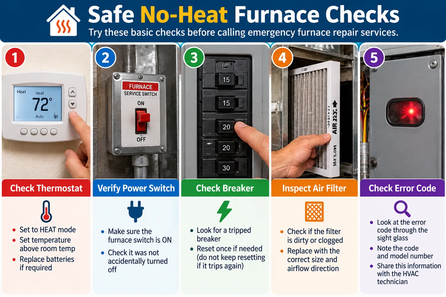 Emergency furnace repair services checklist for thermostat, furnace switch, breaker, air filter and error code