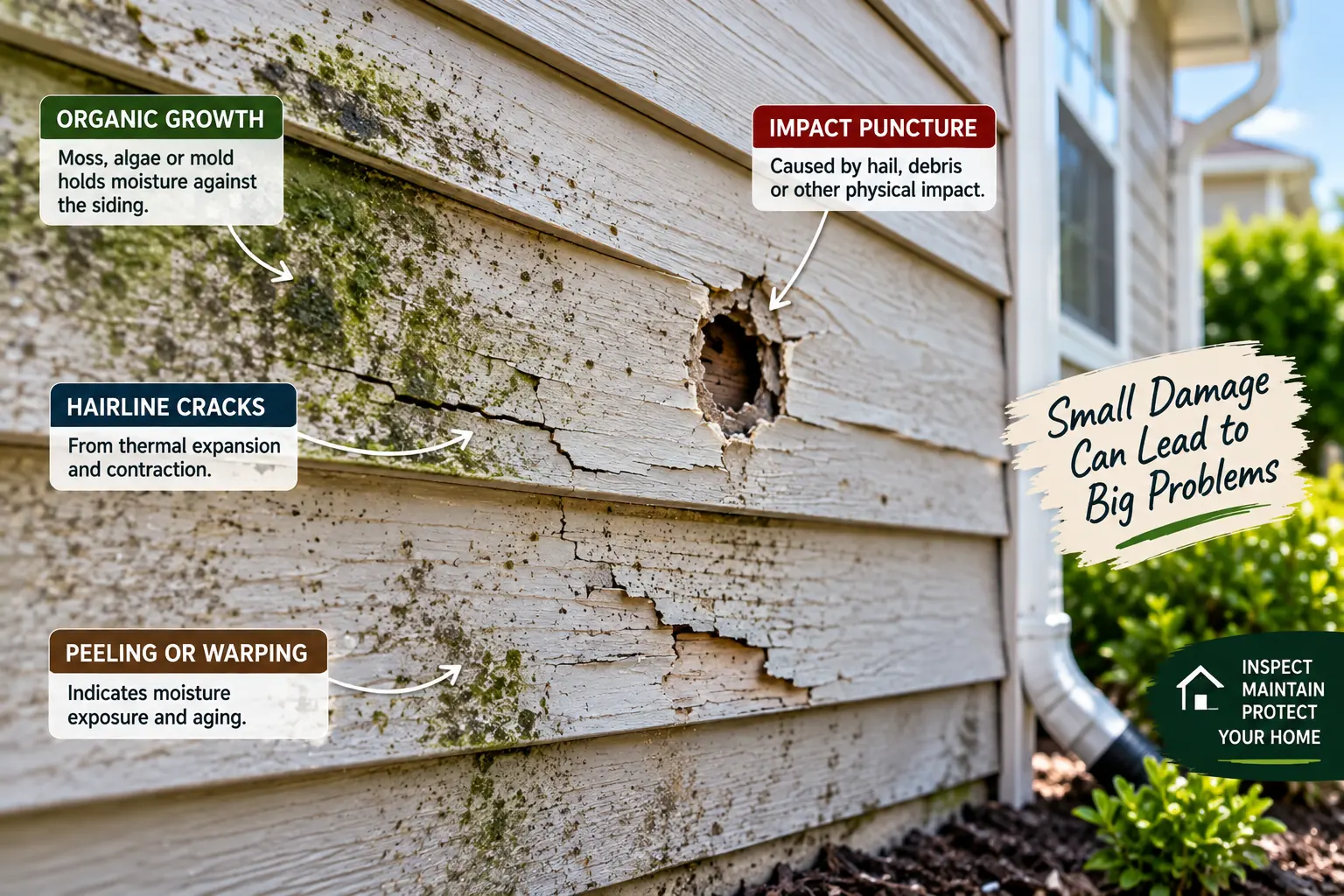 Siding damage repair cost warning signs including cracks, punctures, organic growth, peeling, and warping