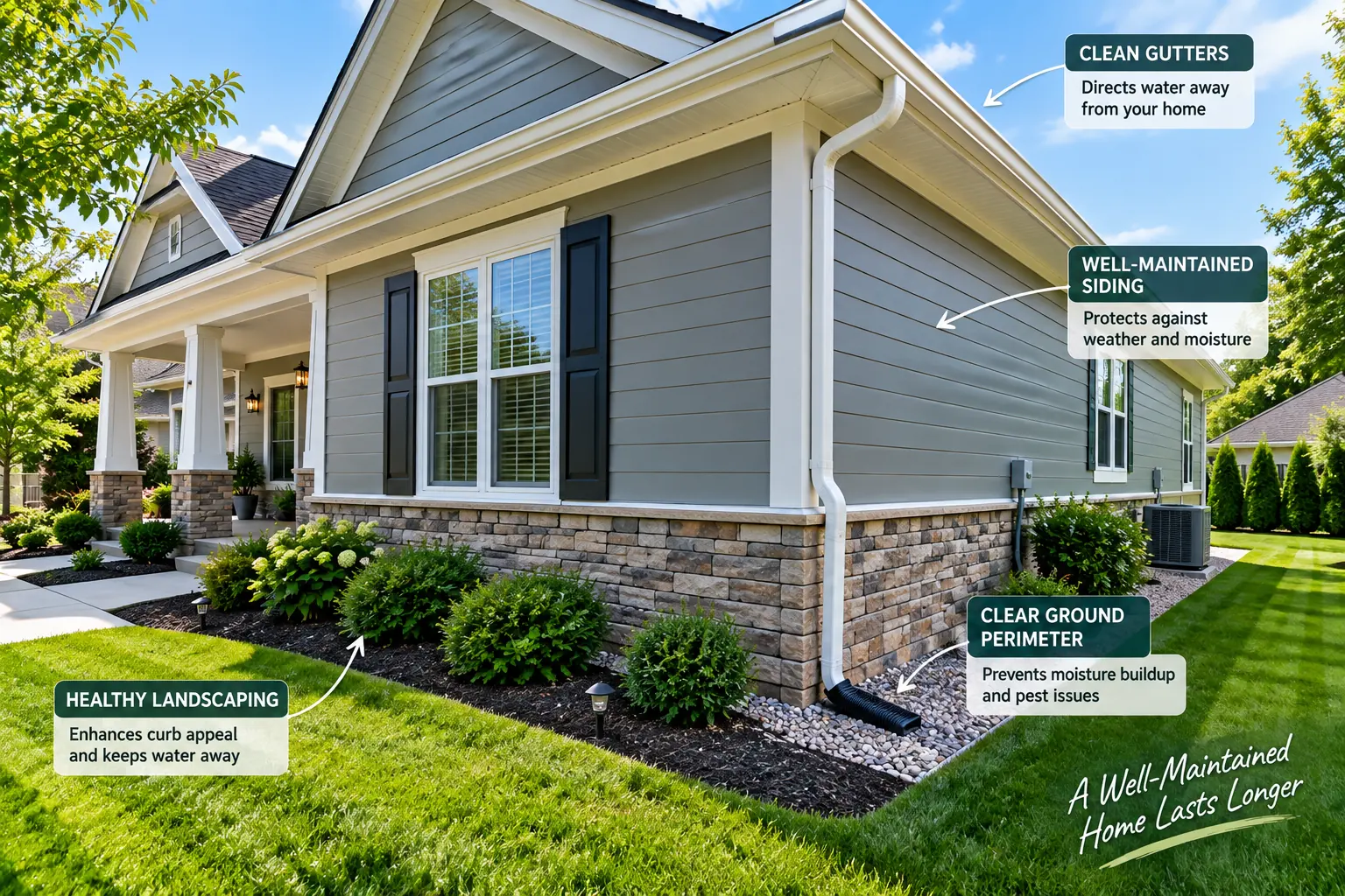 Well-maintained siding with clean gutters and clear ground perimeter to reduce future siding repair costs