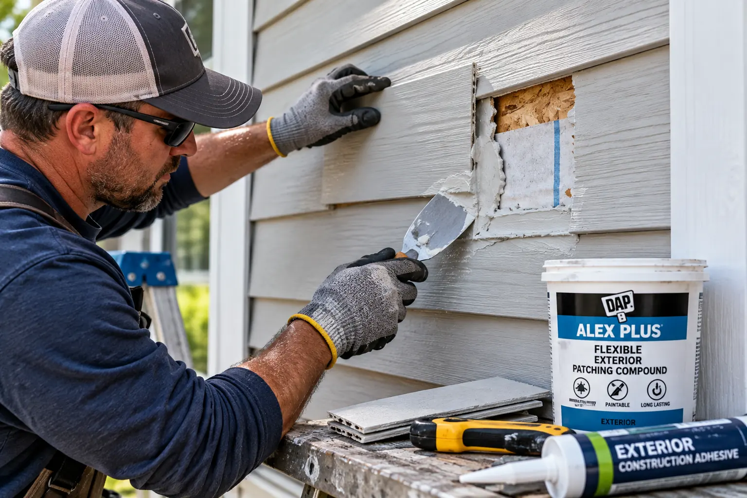Professional technician performing a localized siding patch repair on damaged exterior siding