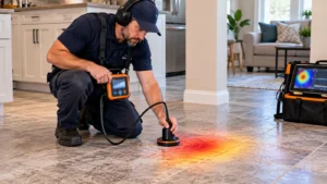 Plumber using electronic leak-detection equipment on a concrete floor