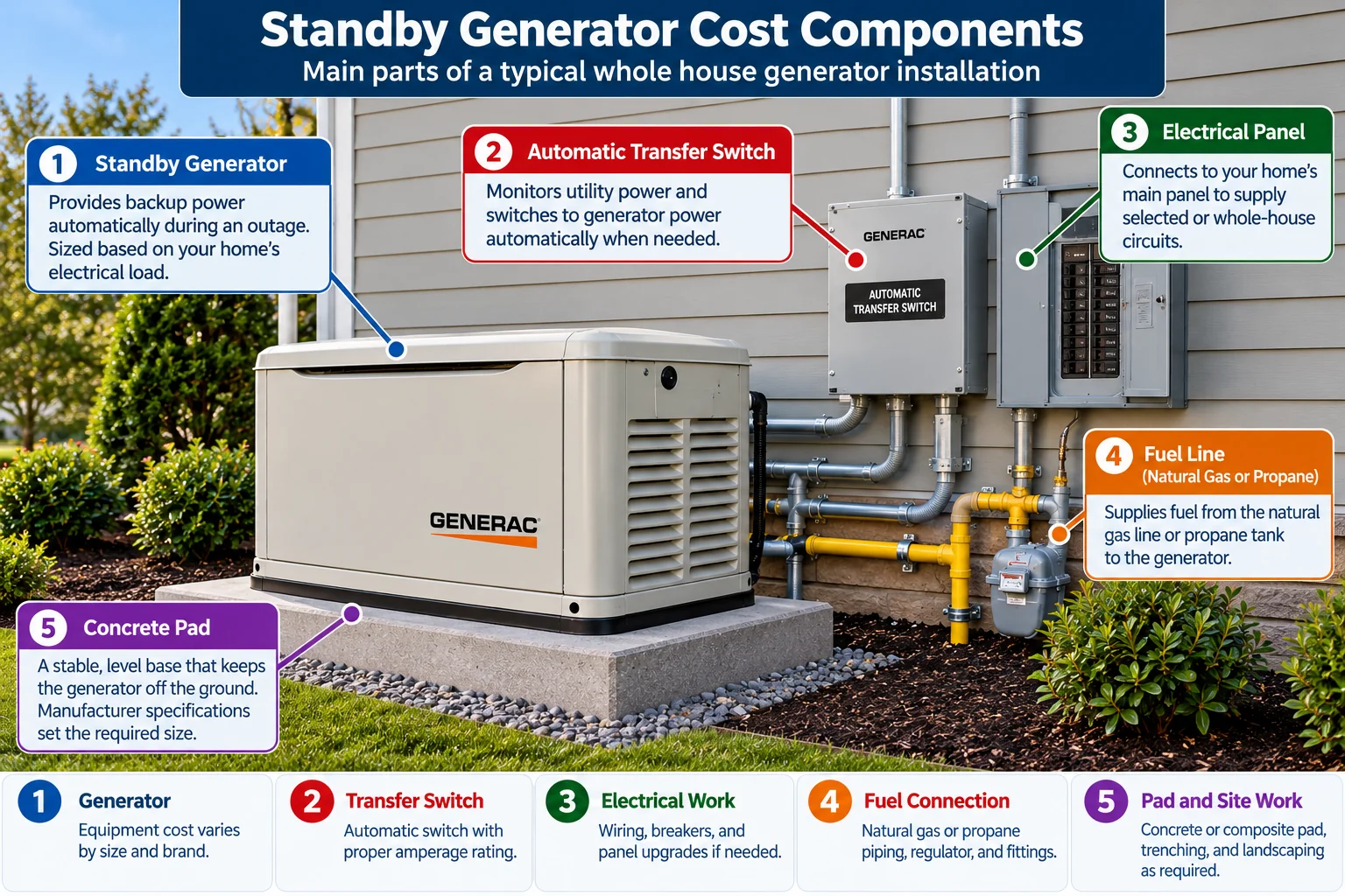 Whole house generator installation cost components: standby generator, transfer switch, electrical panel, fuel line, and concrete pad