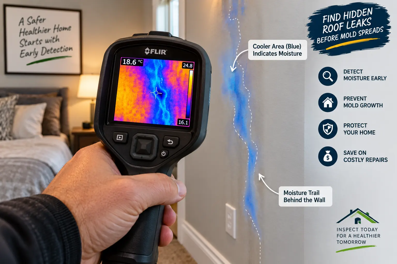 Thermal camera showing hidden roof leak detection and a moisture trail behind an interior wall