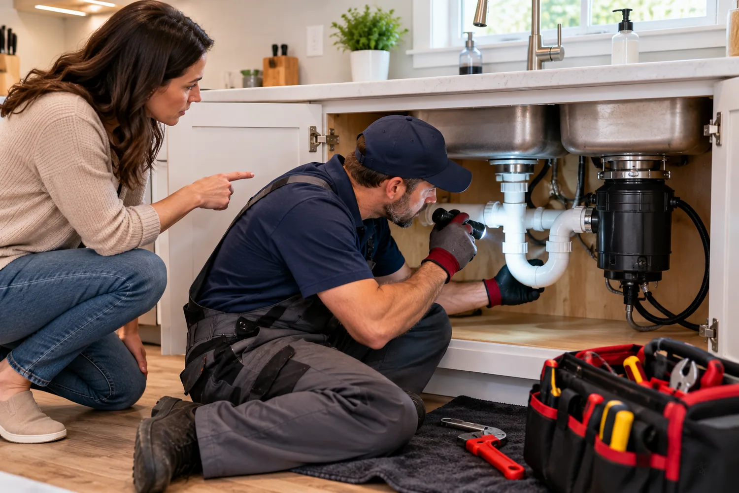 Licensed plumber inspecting pipes beneath a kitchen sink for a recurring blockage