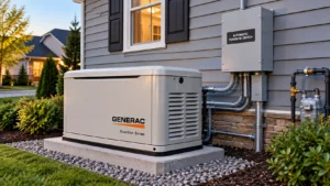 Standby generator installed beside a U.S. home with an automatic transfer switch