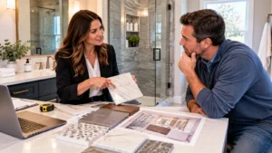 Homeowner discussing bathroom renovation ideas during a first consultation with a bath designer