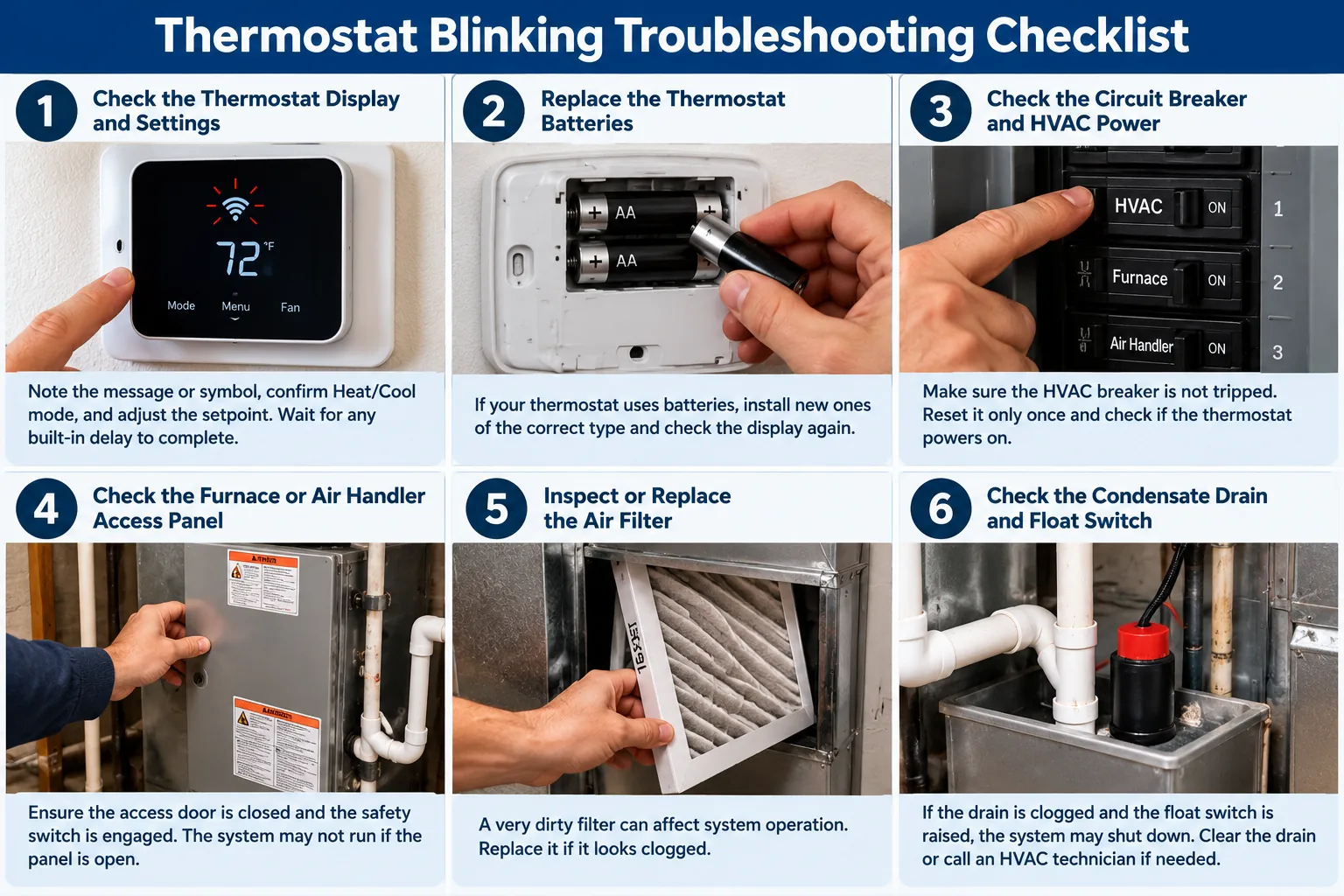 Thermostat blinks: illustrated checklist of batteries, breaker, furnace door, filter, and condensate drain