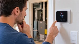 Homeowner checking the wall display because a thermostat blinks and the HVAC system will not start