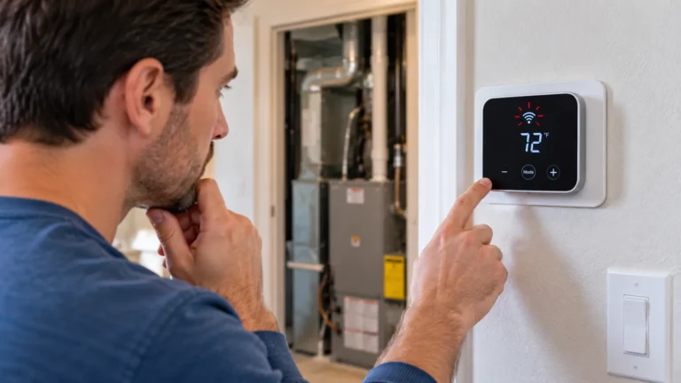 Homeowner checking the wall display because a thermostat blinks and the HVAC system will not start