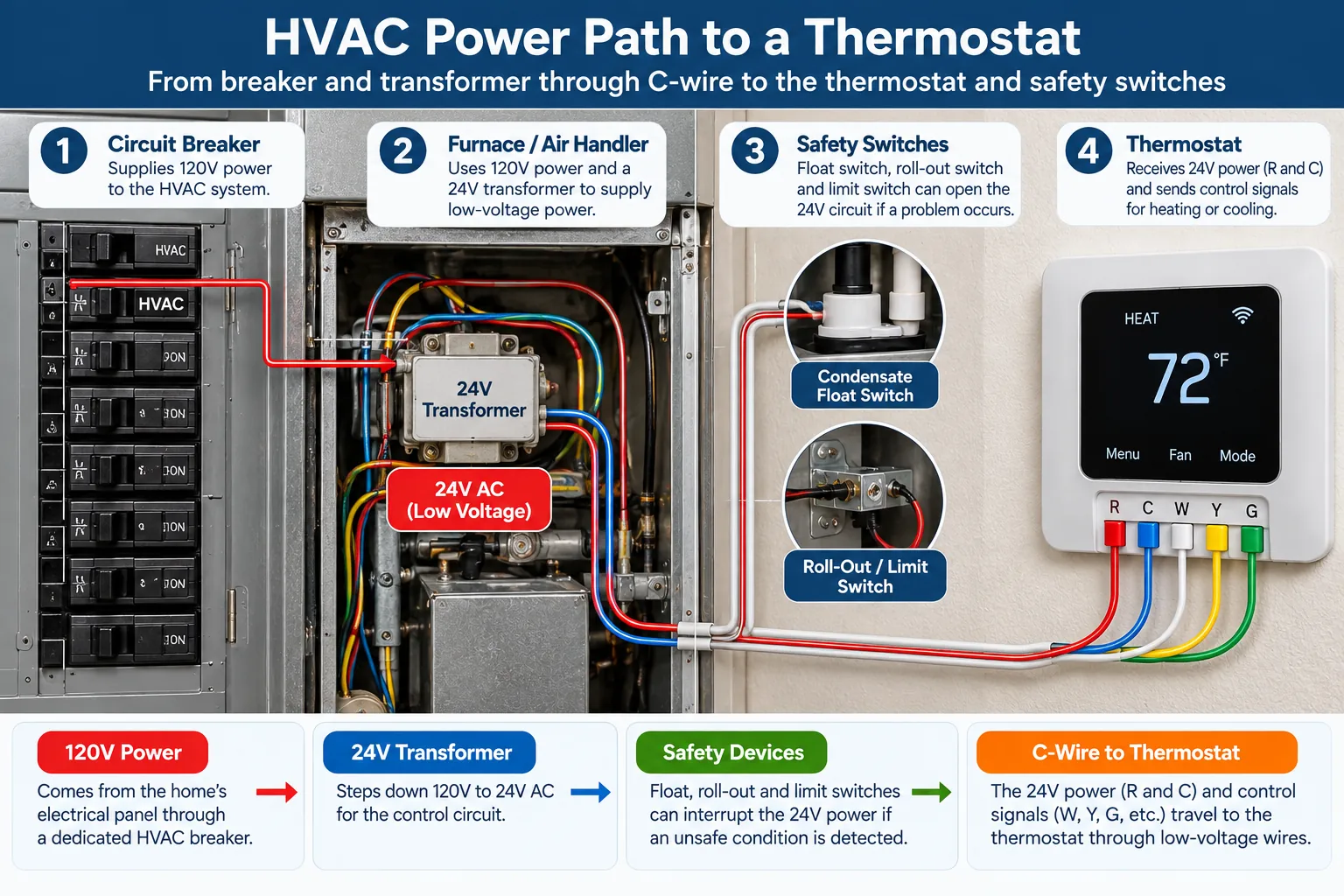 Diagram showing HVAC power from breaker and transformer through safety controls to thermostat C-wire